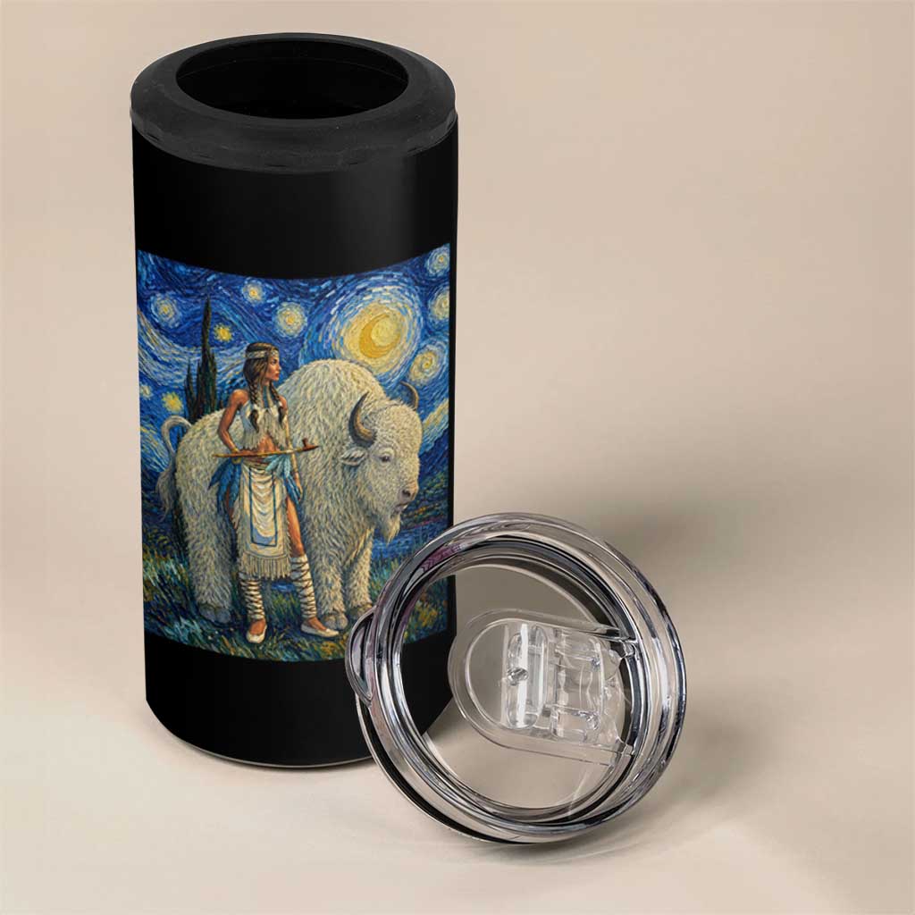 White Buffalo Woman 4 in 1 Can Cooler Tumbler North American Native Legends Starry Night Inspired Art