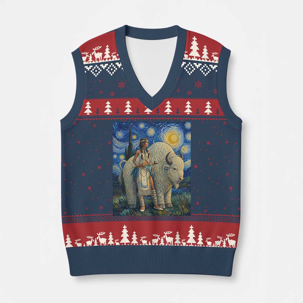 White Buffalo Woman V-Neck Knit Sweater Vest North American Native Legends Starry Night Inspired Art