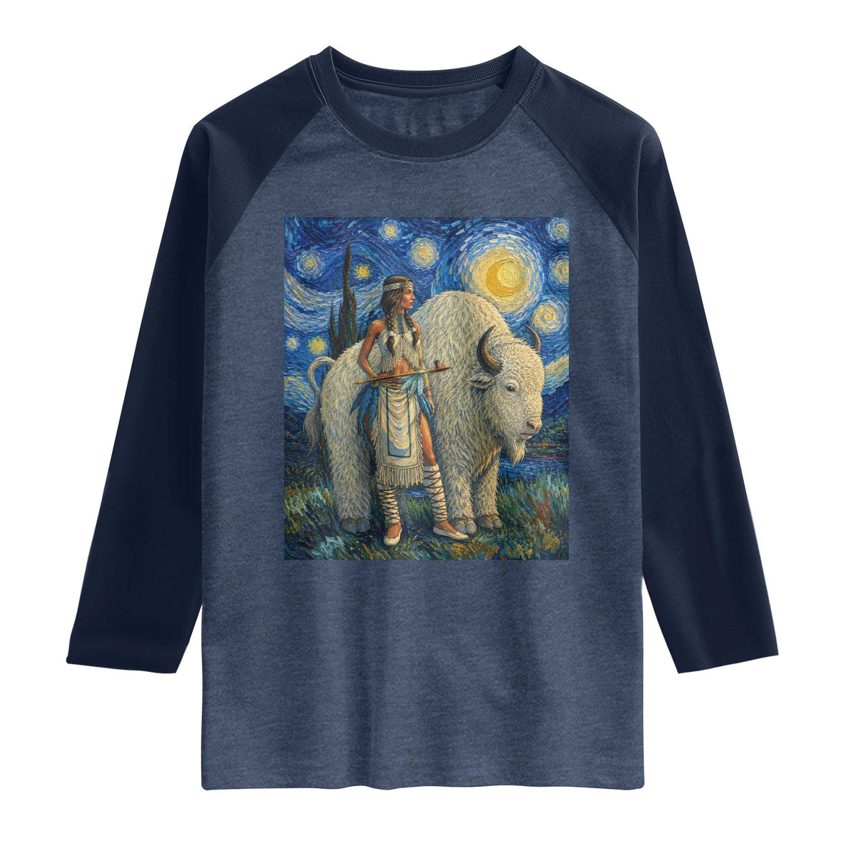 White Buffalo Woman Raglan Shirt North American Native Legends Starry Night Inspired Art