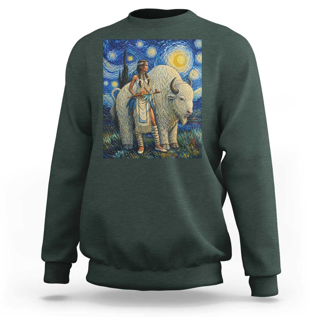 White Buffalo Woman Sweatshirt North American Native Legends Starry Night Inspired Art