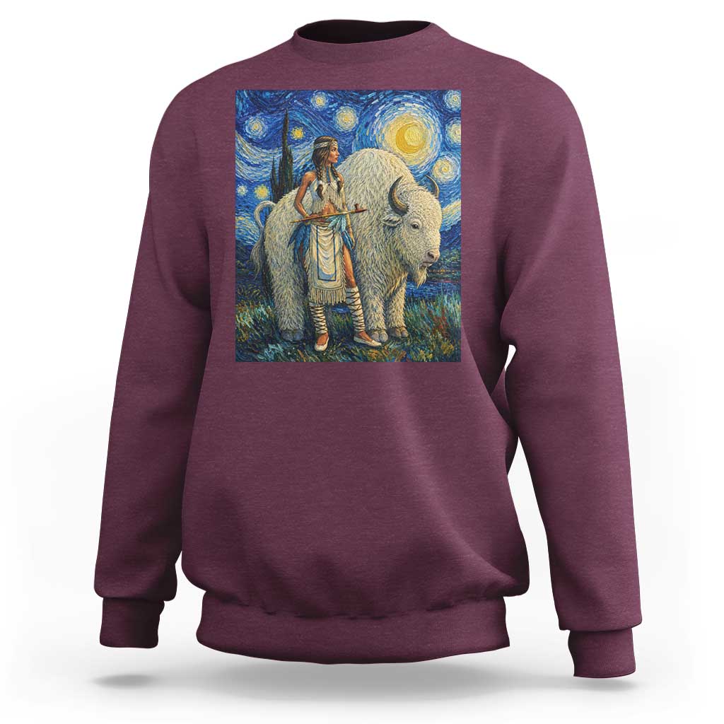White Buffalo Woman Sweatshirt North American Native Legends Starry Night Inspired Art