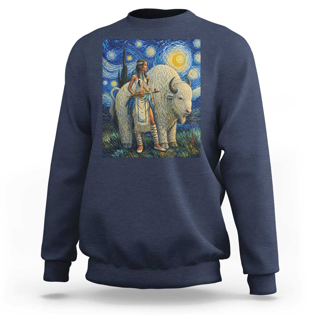 White Buffalo Woman Sweatshirt North American Native Legends Starry Night Inspired Art