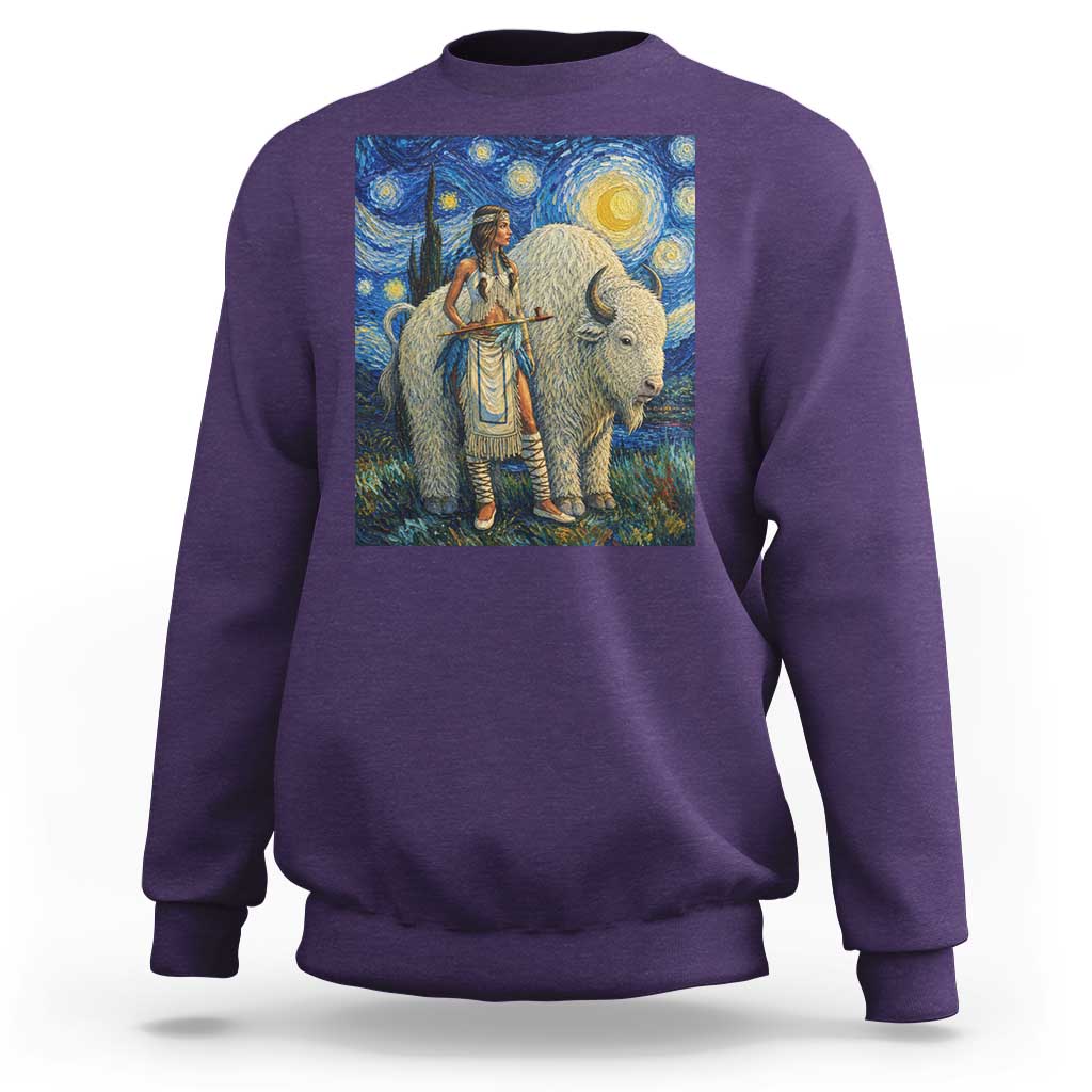 White Buffalo Woman Sweatshirt North American Native Legends Starry Night Inspired Art