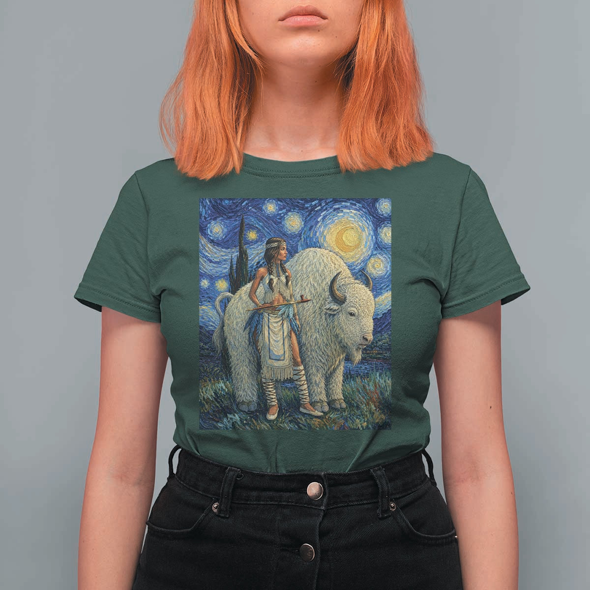 White Buffalo Woman T Shirt For Women North American Native Legends Starry Night Inspired Art
