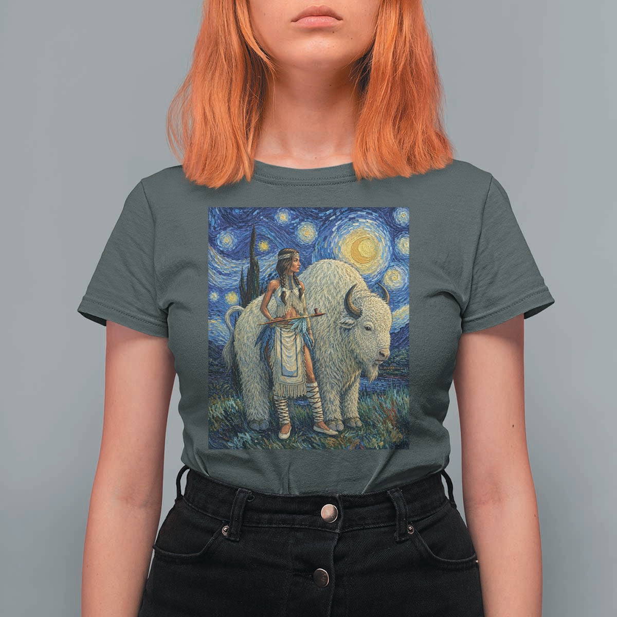White Buffalo Woman T Shirt For Women North American Native Legends Starry Night Inspired Art
