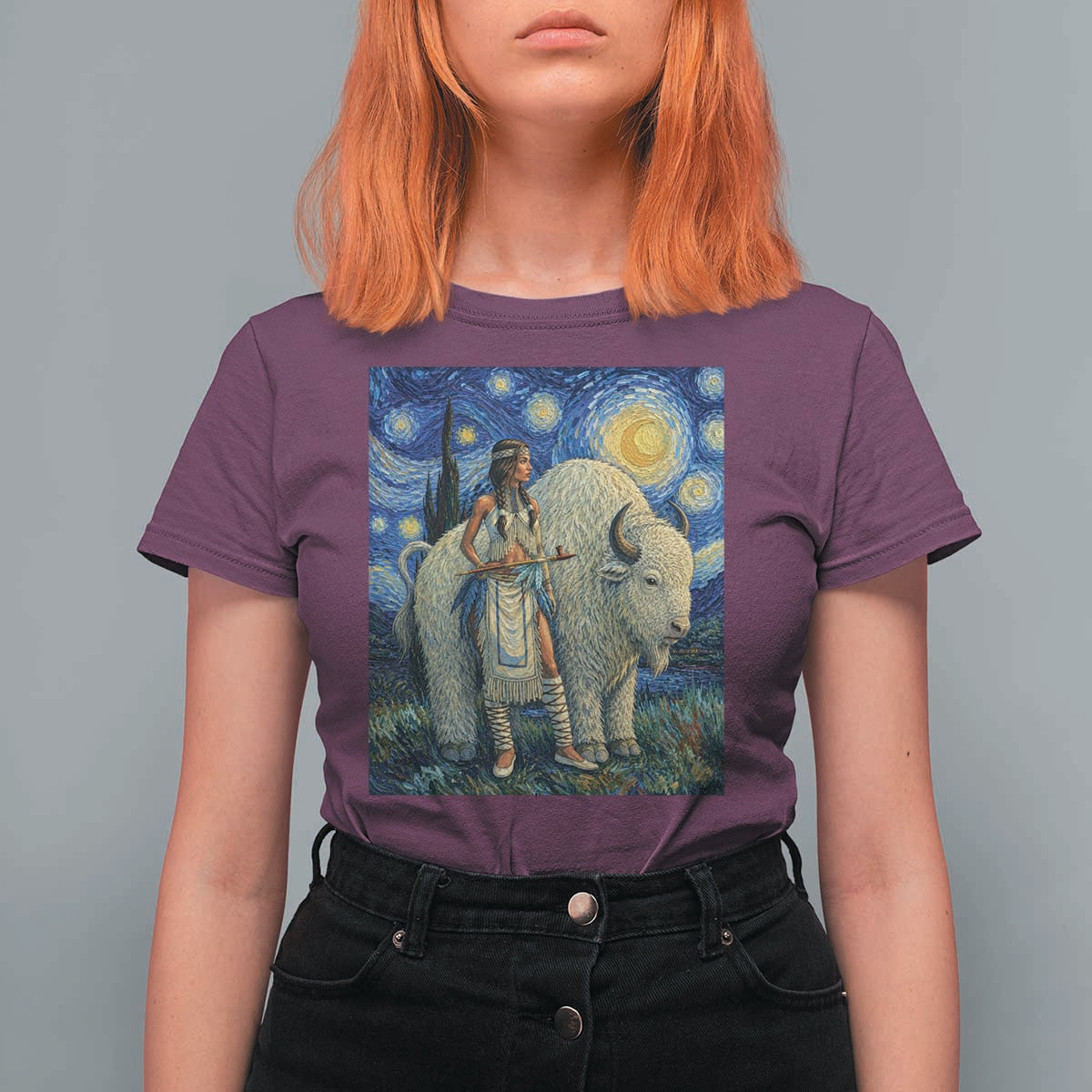 White Buffalo Woman T Shirt For Women North American Native Legends Starry Night Inspired Art