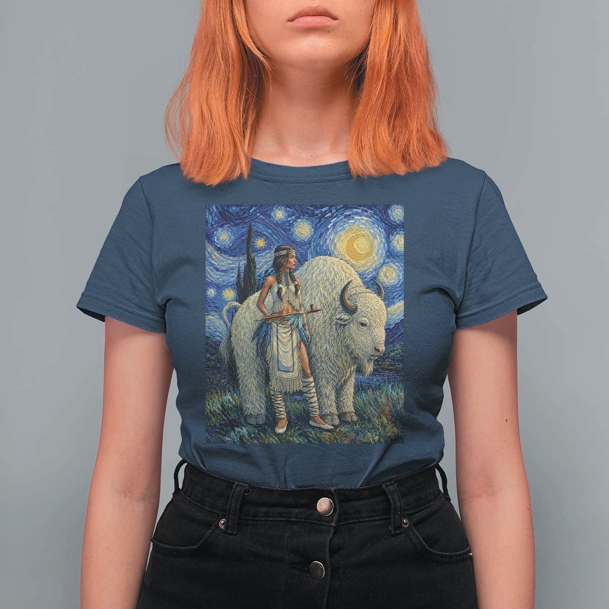 White Buffalo Woman T Shirt For Women North American Native Legends Starry Night Inspired Art