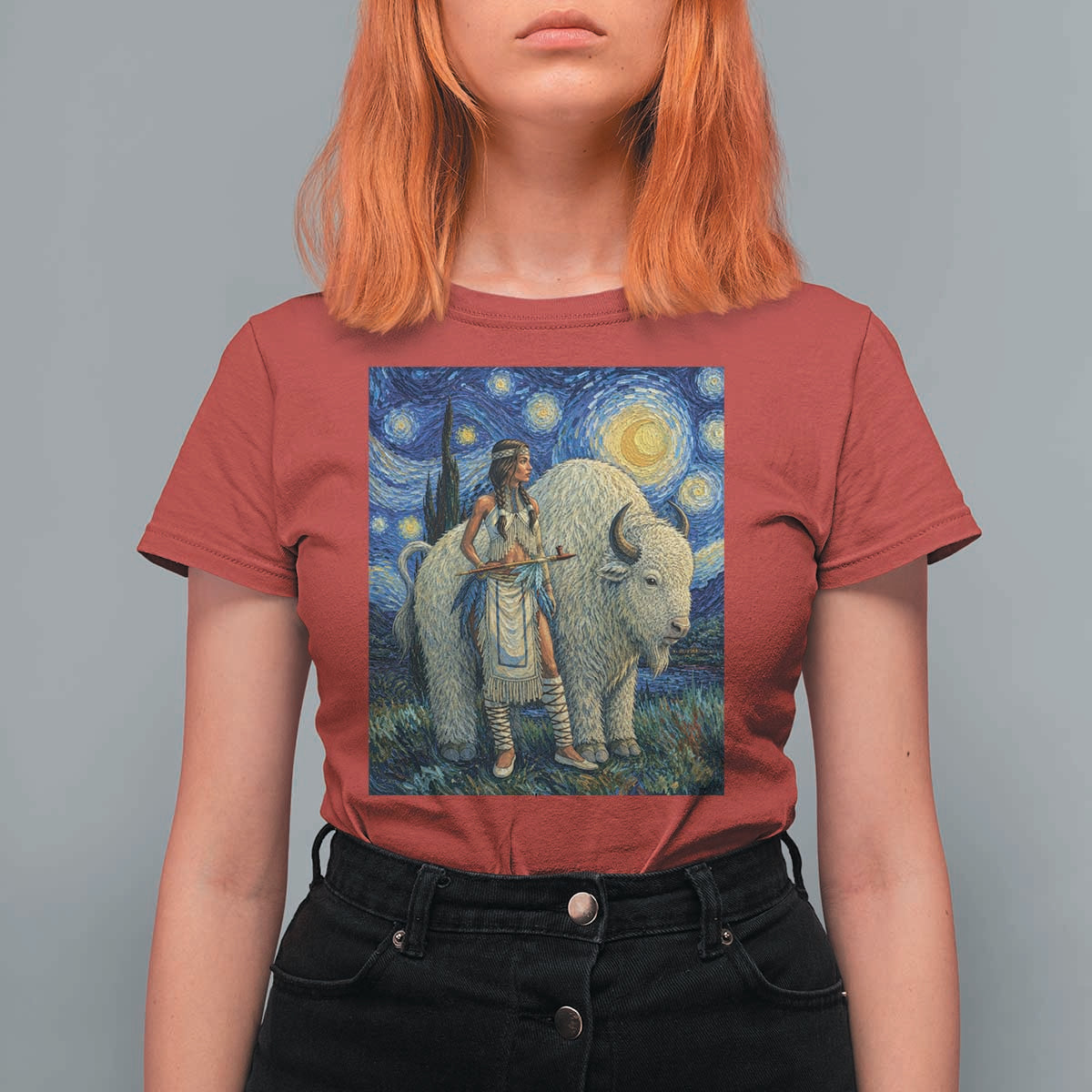 White Buffalo Woman T Shirt For Women North American Native Legends Starry Night Inspired Art