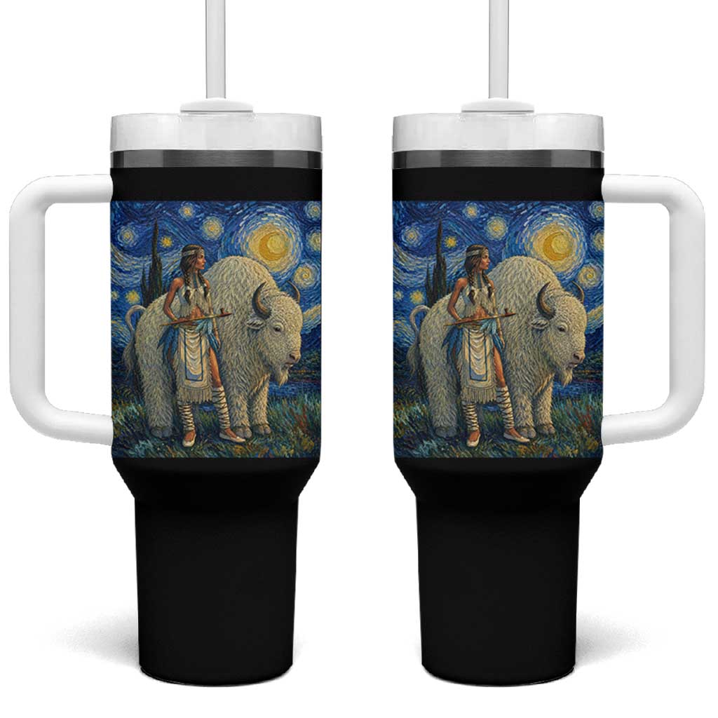 White Buffalo Woman Tumbler With Handle North American Native Legends Starry Night Inspired Art