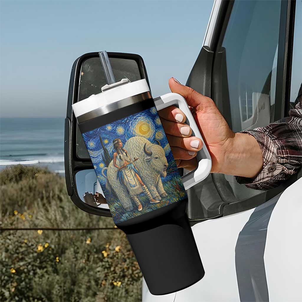 White Buffalo Woman Tumbler With Handle North American Native Legends Starry Night Inspired Art
