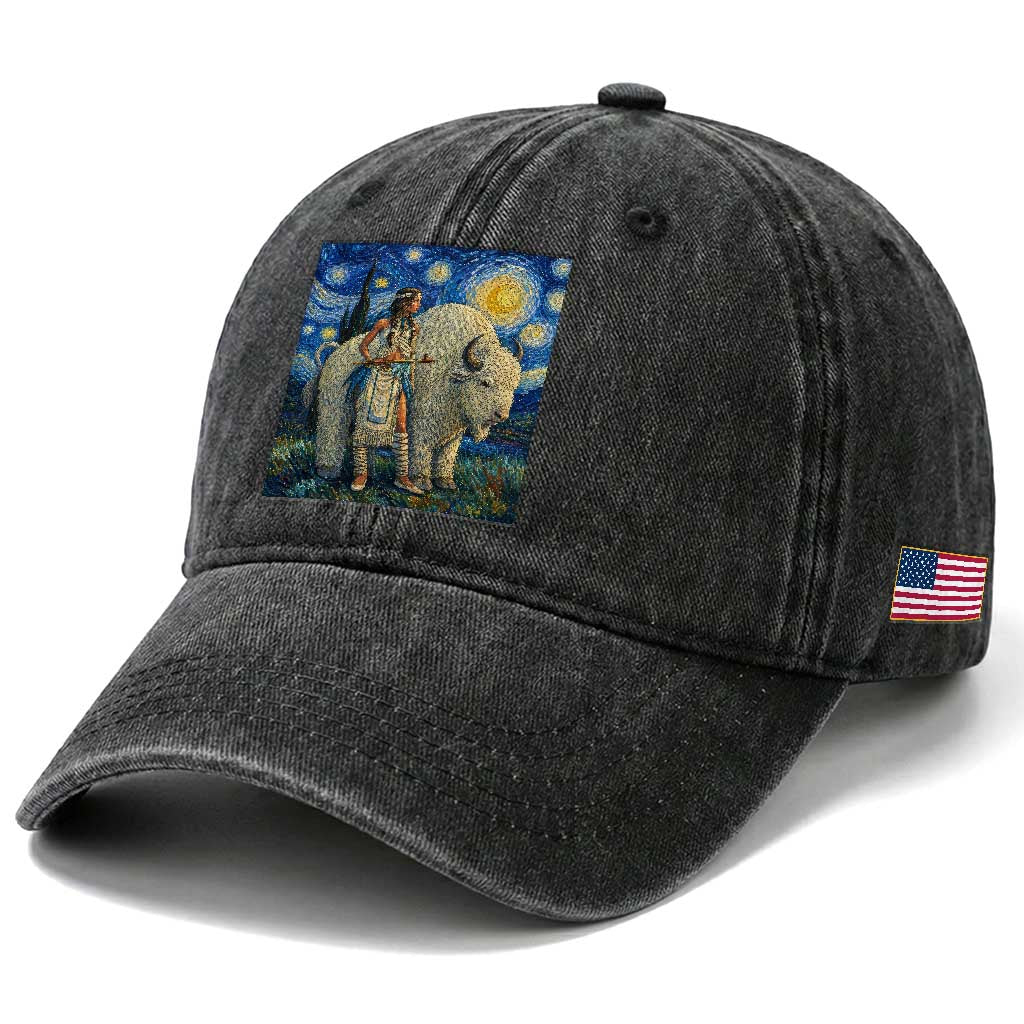 White Buffalo Woman Washed Cotton Baseball Cap North American Native Legends Starry Night Inspired Art