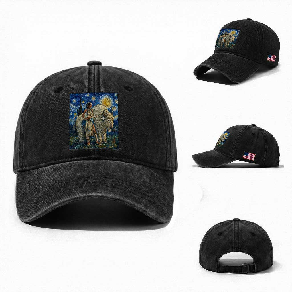 White Buffalo Woman Washed Cotton Baseball Cap North American Native Legends Starry Night Inspired Art