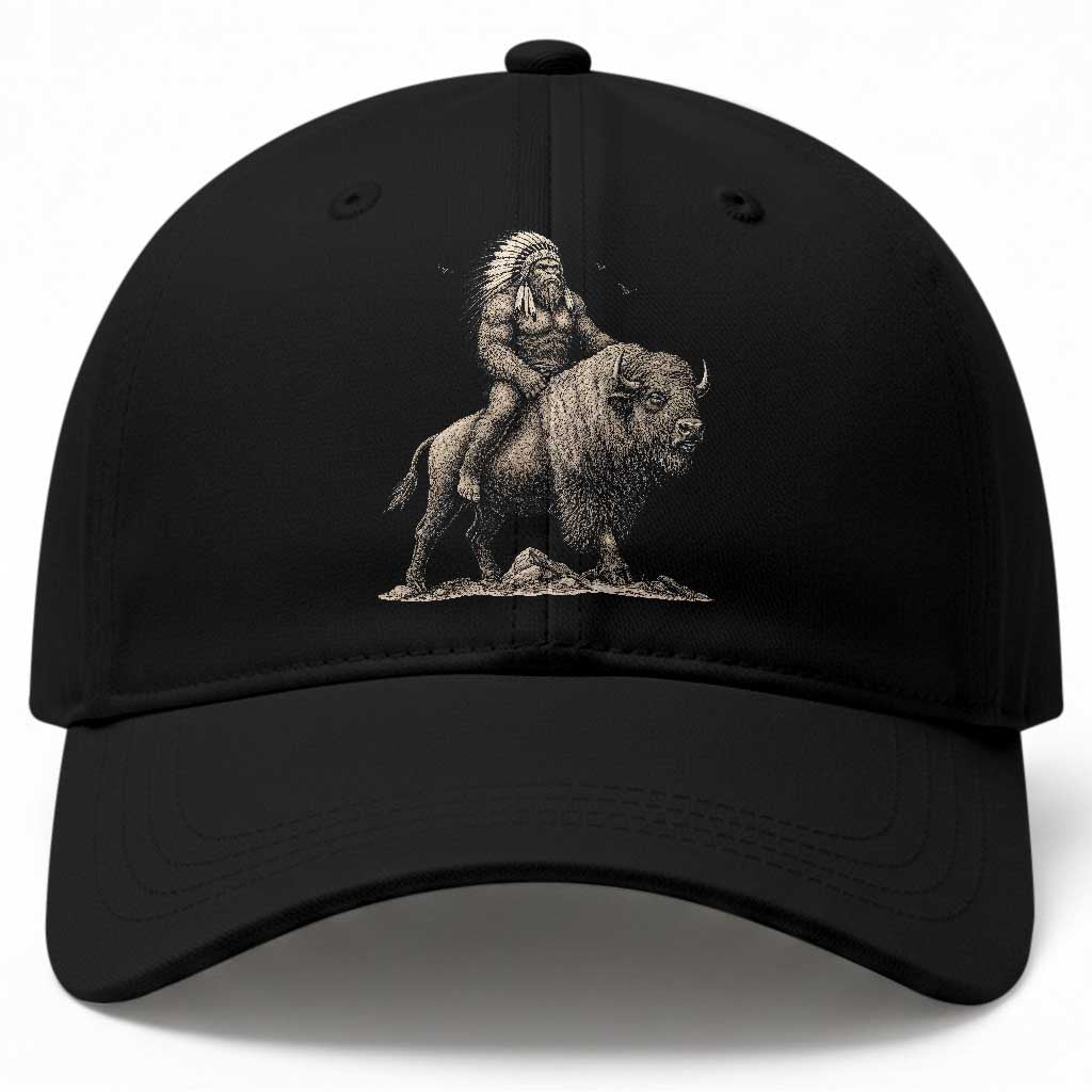 Funny Bigfoot Buffalo Rider Baseball Cap Native Inspired Heritage Graphic