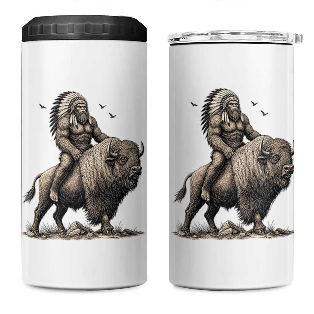 Funny Bigfoot Buffalo Rider 4 in 1 Can Cooler Tumbler Native Inspired Heritage Graphic