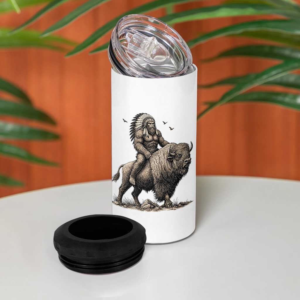 Funny Bigfoot Buffalo Rider 4 in 1 Can Cooler Tumbler Native Inspired Heritage Graphic