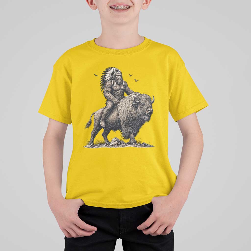 Funny Bigfoot Buffalo Rider T Shirt For Kid Native Inspired Heritage Graphic