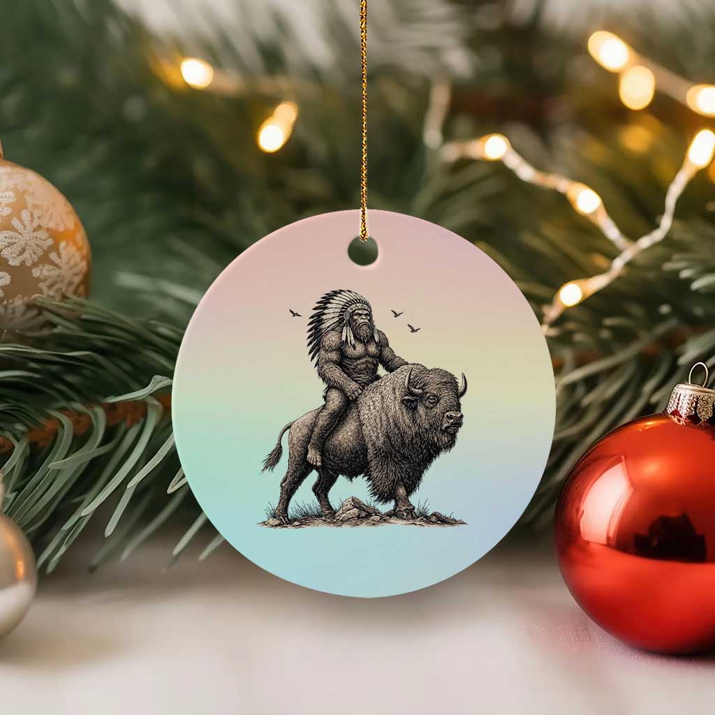 Funny Bigfoot Buffalo Rider Ceramic Ornament Native Inspired Heritage Graphic