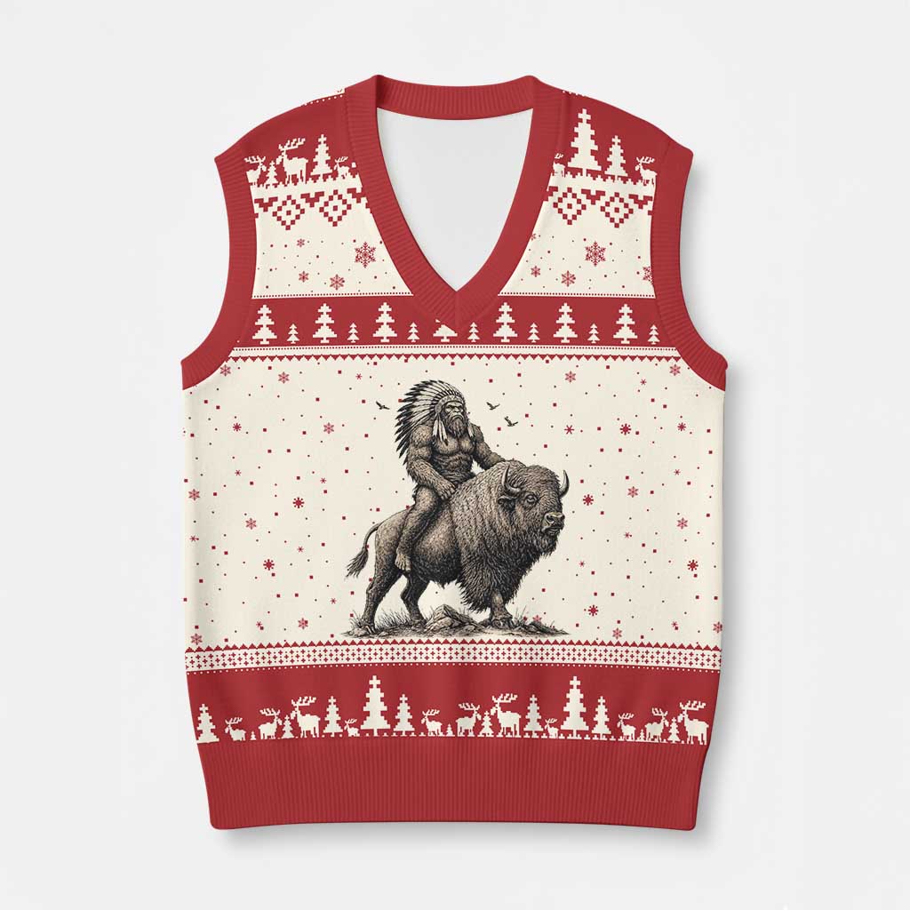 Funny Bigfoot Buffalo Rider V-Neck Knit Sweater Vest Native Inspired Heritage Graphic