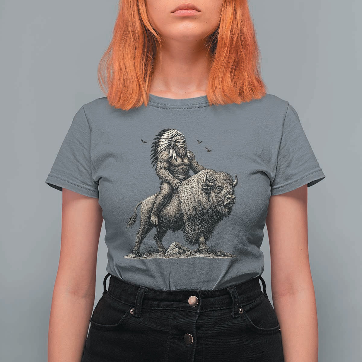 Funny Bigfoot Buffalo Rider T Shirt For Women Native Inspired Heritage Graphic