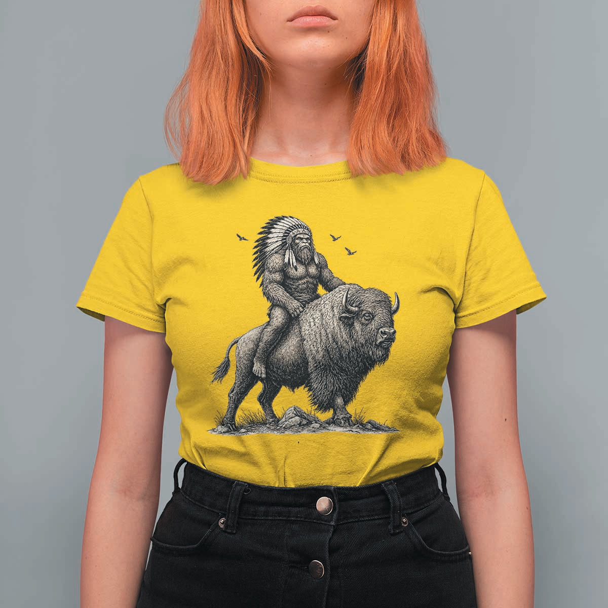 Funny Bigfoot Buffalo Rider T Shirt For Women Native Inspired Heritage Graphic