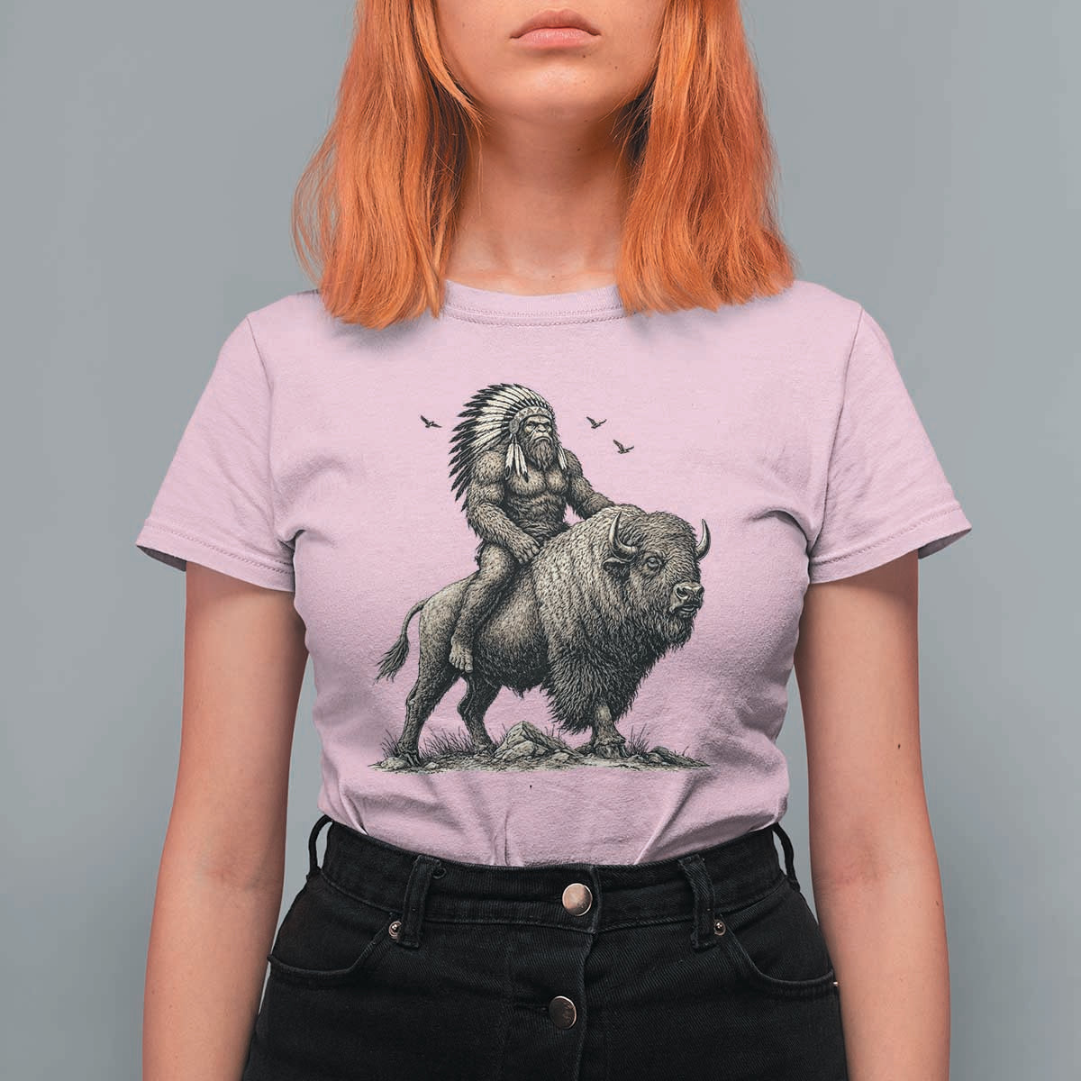 Funny Bigfoot Buffalo Rider T Shirt For Women Native Inspired Heritage Graphic