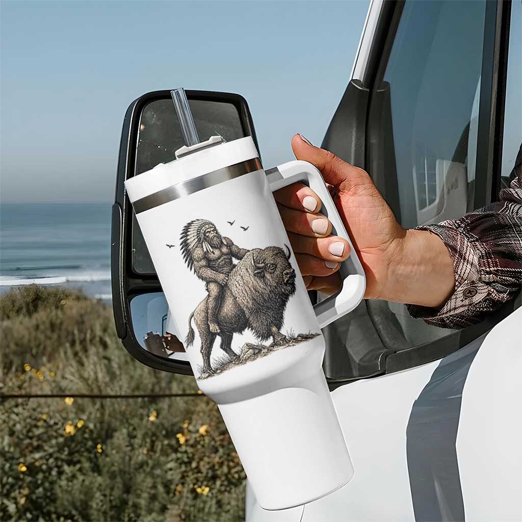 Funny Bigfoot Buffalo Rider Tumbler With Handle Native Inspired Heritage Graphic