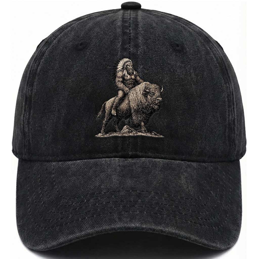 Funny Bigfoot Buffalo Rider Washed Cotton Baseball Cap Native Inspired Heritage Graphic