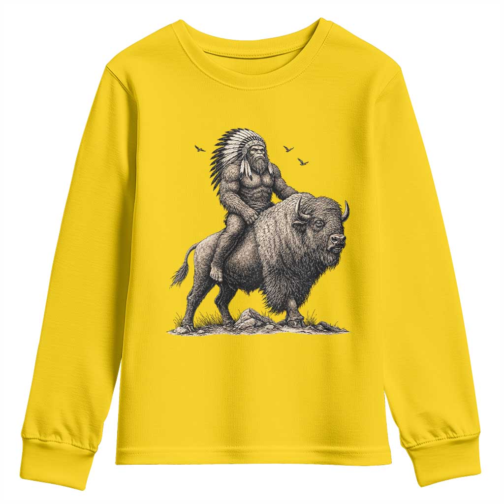 Funny Bigfoot Buffalo Rider Youth Sweatshirt Native Inspired Heritage Graphic