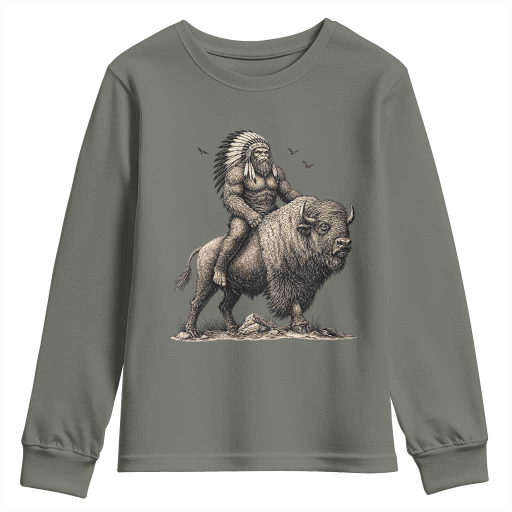 Funny Bigfoot Buffalo Rider Youth Sweatshirt Native Inspired Heritage Graphic
