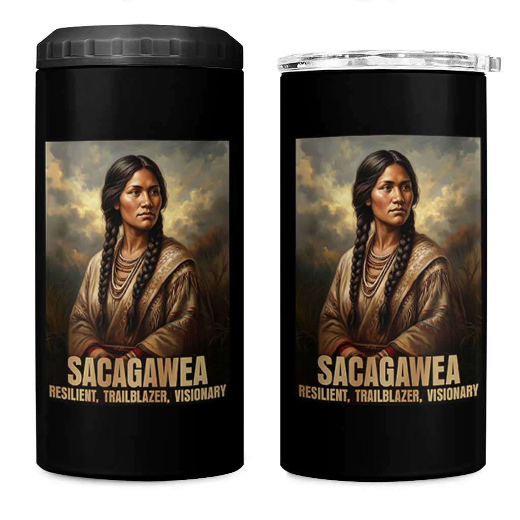 Sacagawea Native American Woman 4 in 1 Can Cooler Tumbler Resilient Trailblazer Visionary