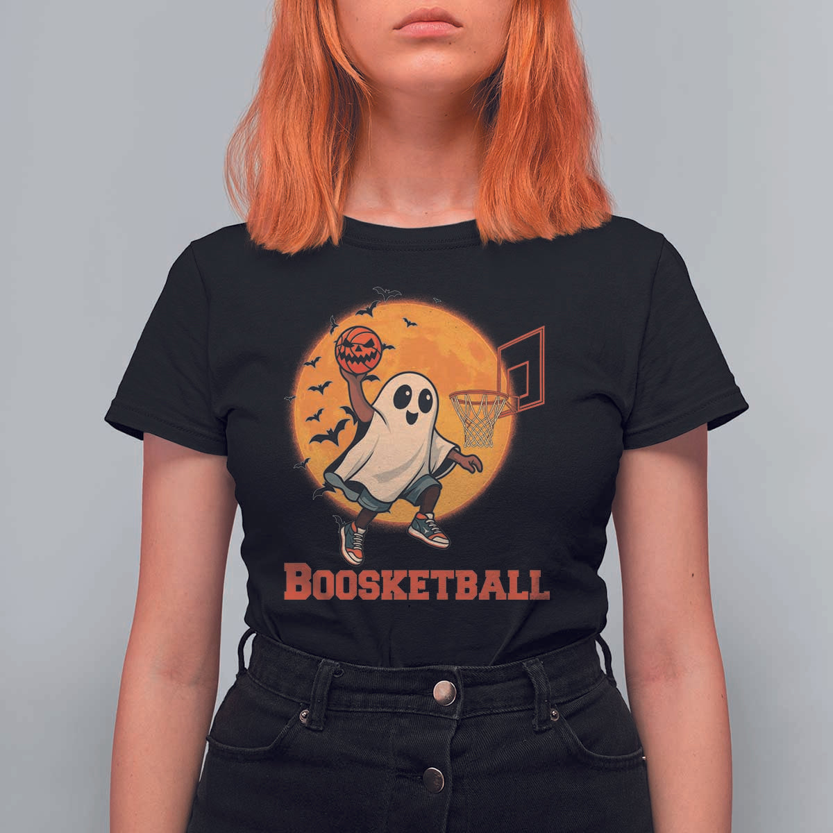 Funny Black Ghost Halloween Basketball T Shirt For Women Boosketball Dunk Gift - Wonder Print Shop