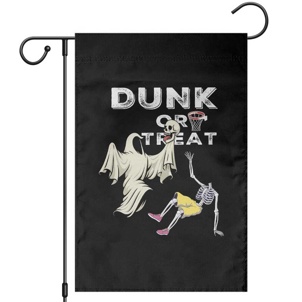 Halloween Dunk Or Treat Garden Flag Funny Skeleton And Ghost Playing Basketball - Wonder Print Shop