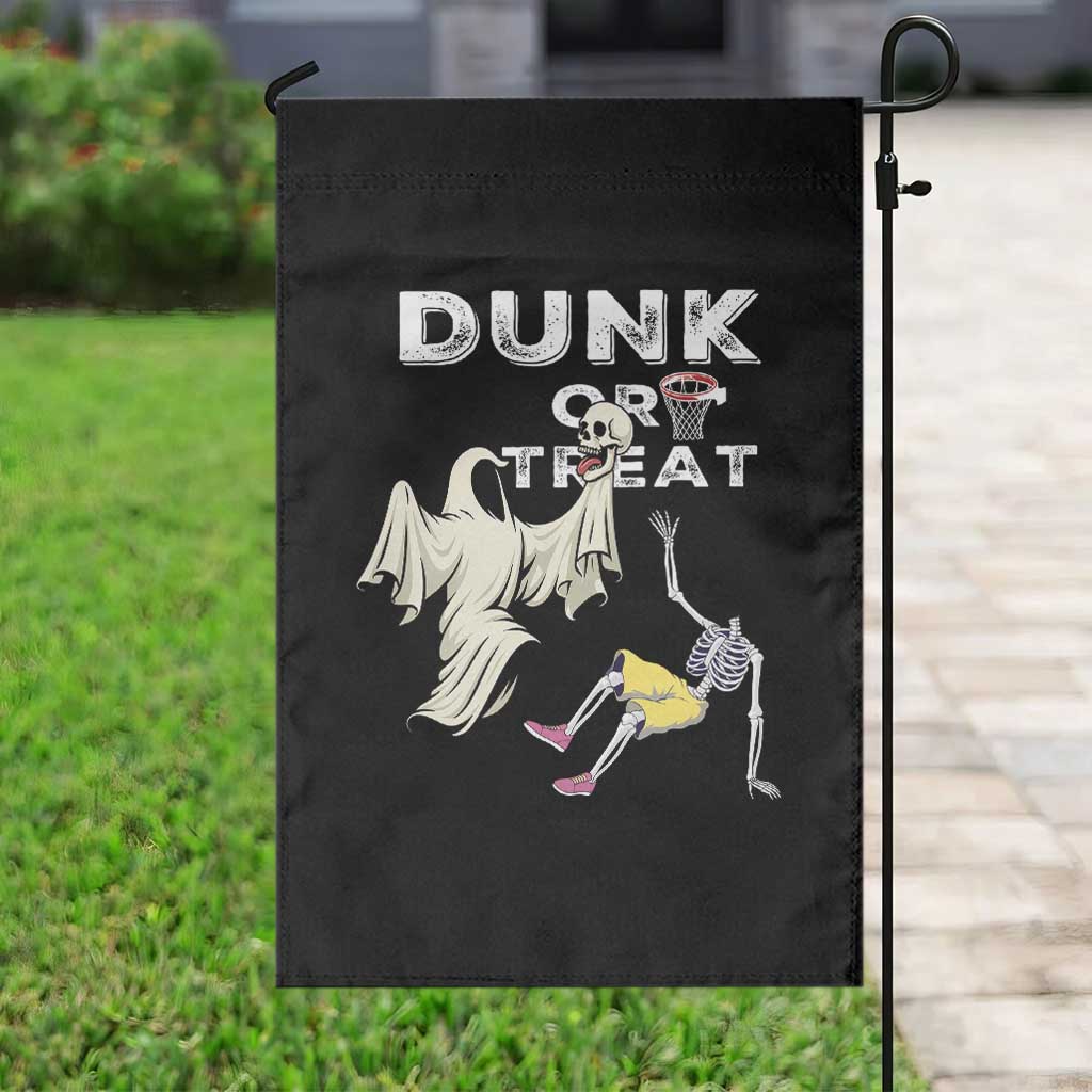 Halloween Dunk Or Treat Garden Flag Funny Skeleton And Ghost Playing Basketball - Wonder Print Shop