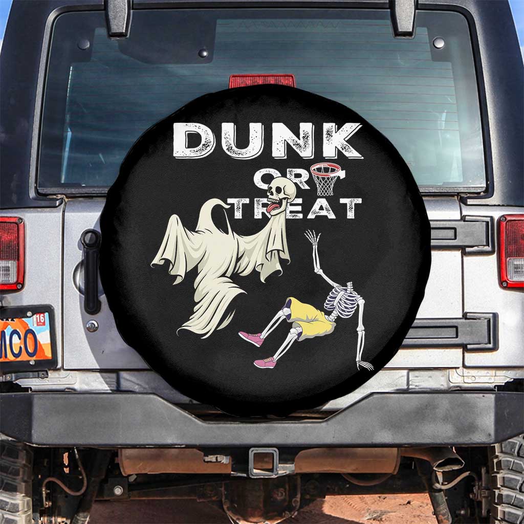 Halloween Dunk Or Treat Spare Tire Cover Funny Skeleton And Ghost Playing Basketball - Wonder Print Shop