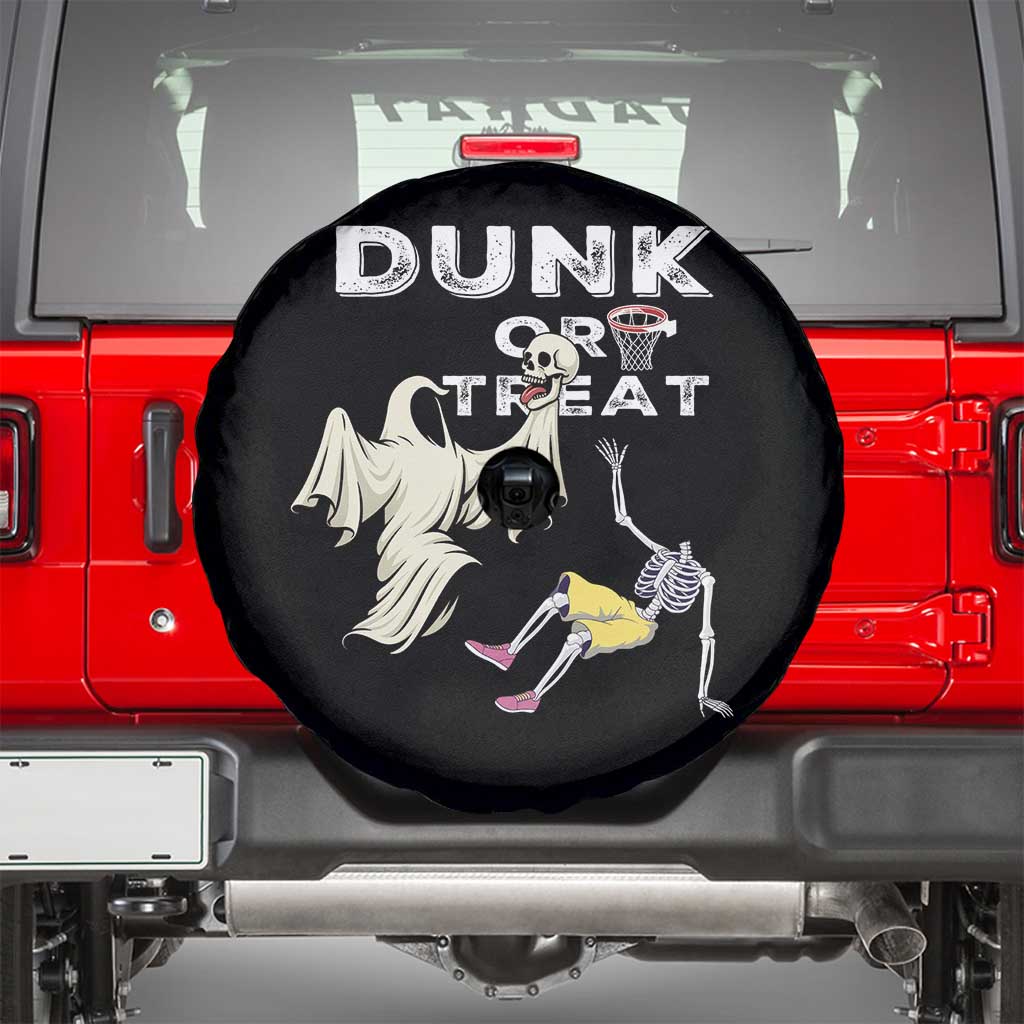 Halloween Dunk Or Treat Spare Tire Cover Funny Skeleton And Ghost Playing Basketball - Wonder Print Shop