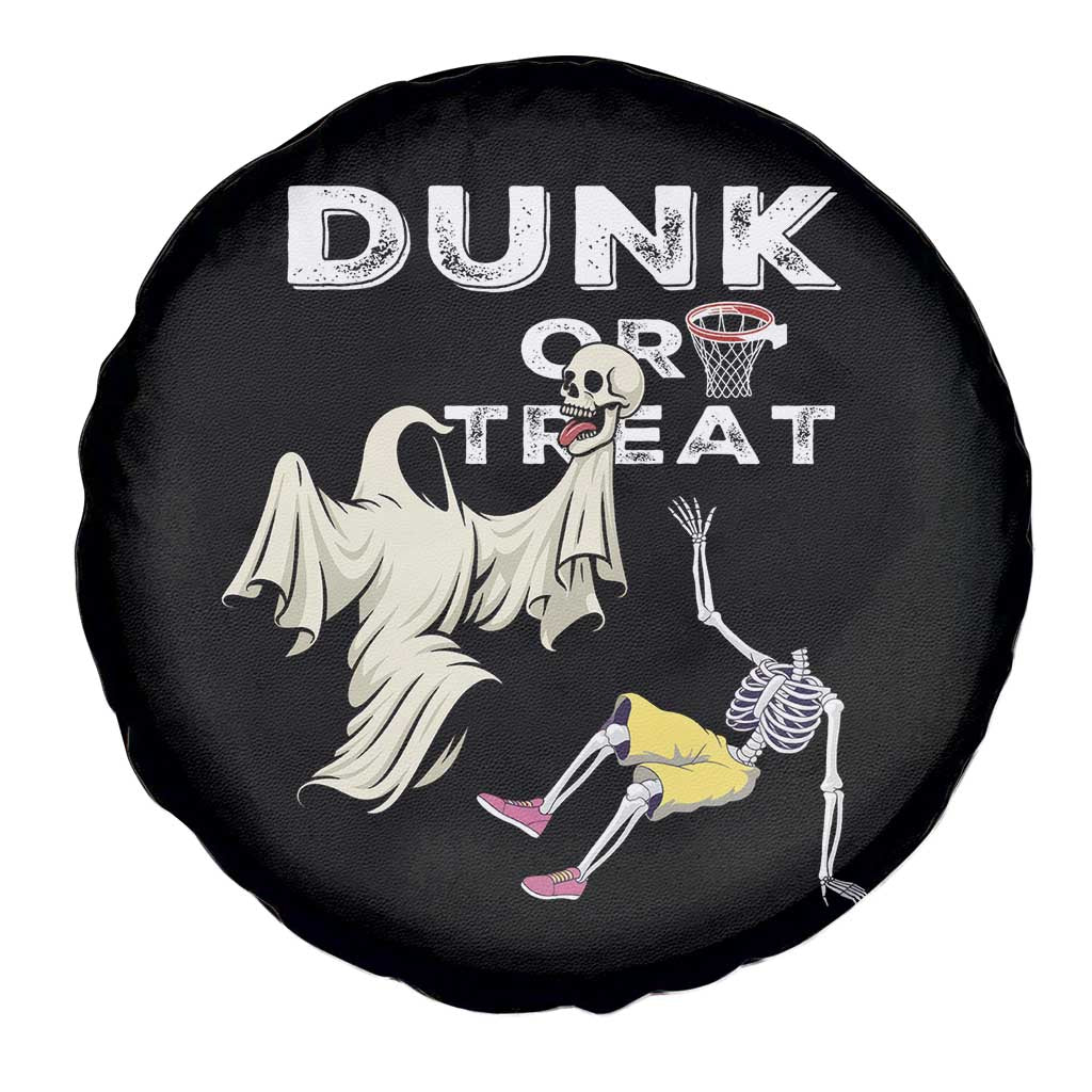 Halloween Dunk Or Treat Spare Tire Cover Funny Skeleton And Ghost Playing Basketball - Wonder Print Shop