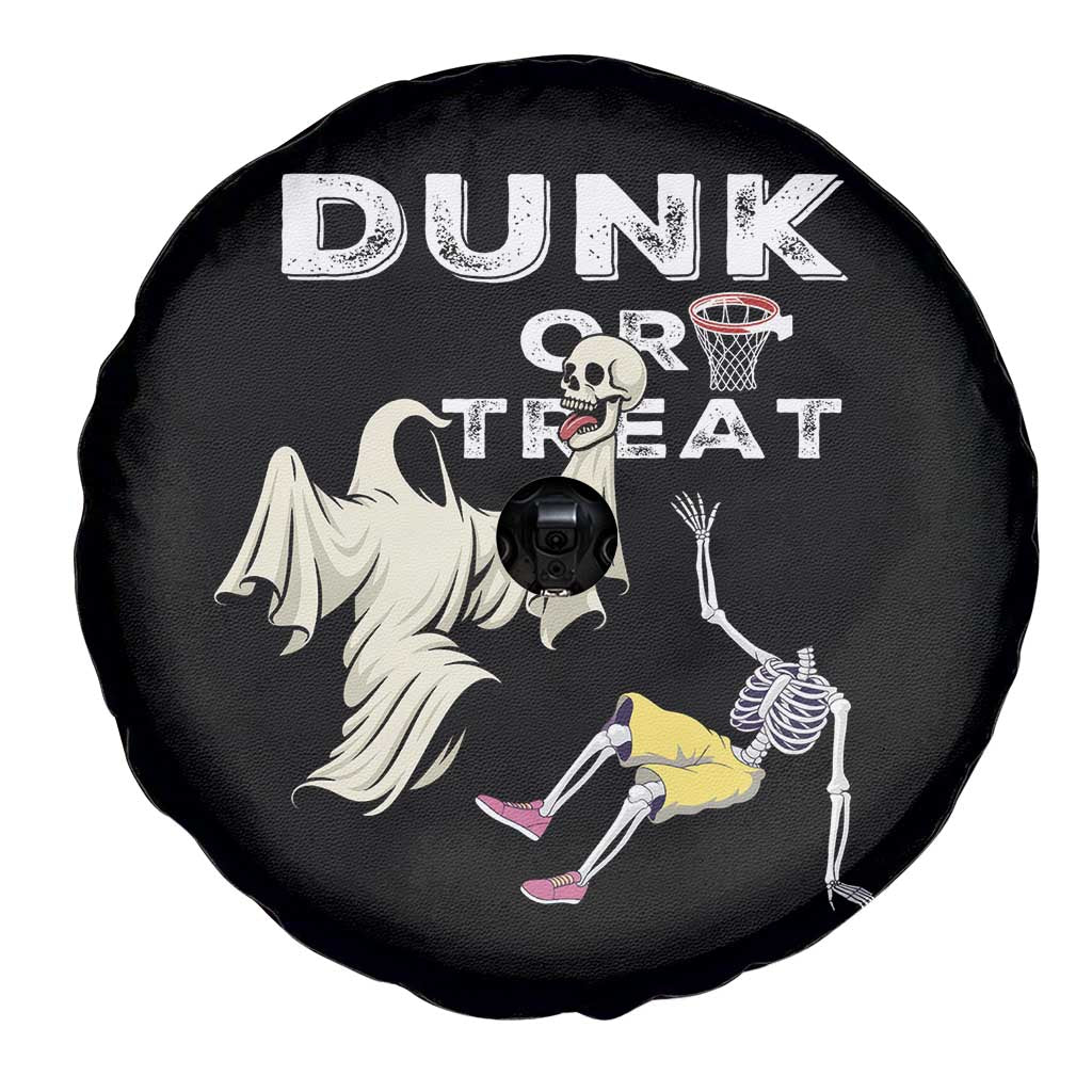 Halloween Dunk Or Treat Spare Tire Cover Funny Skeleton And Ghost Playing Basketball - Wonder Print Shop