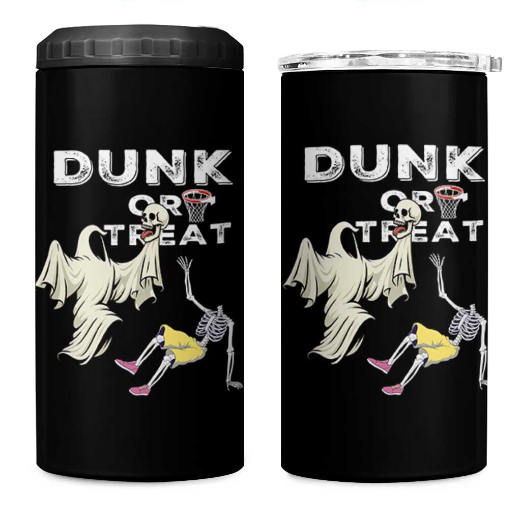 Halloween Dunk Or Treat 4 in 1 Can Cooler Tumbler Funny Skeleton And Ghost Playing Basketball