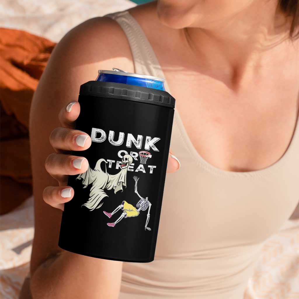 Halloween Dunk Or Treat 4 in 1 Can Cooler Tumbler Funny Skeleton And Ghost Playing Basketball