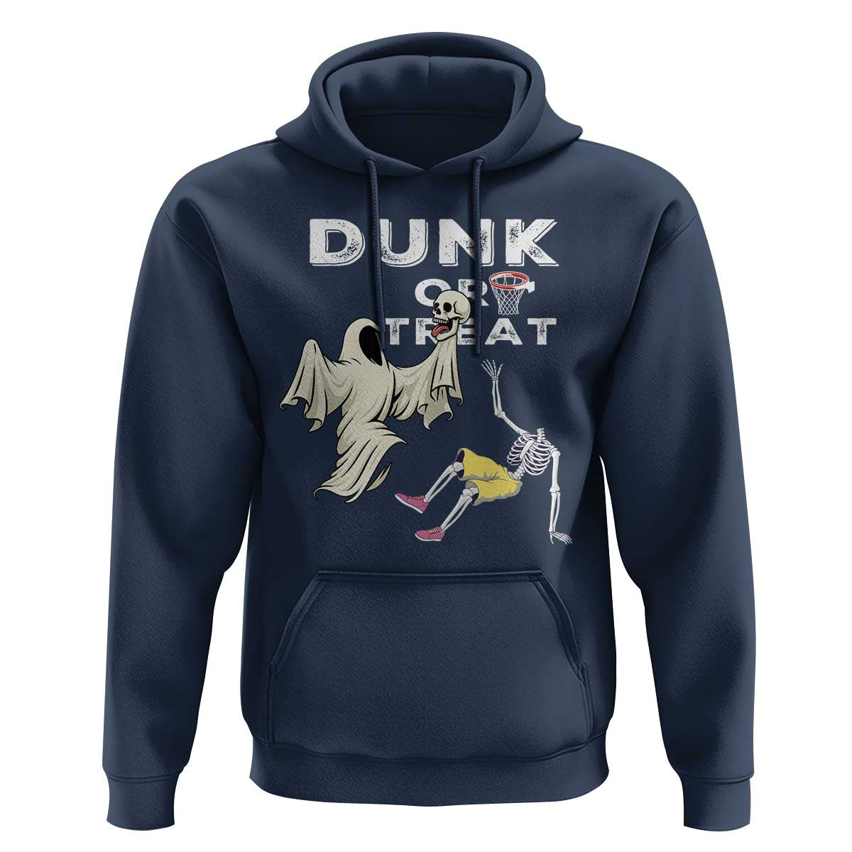 Halloween Dunk Or Treat Hoodie Funny Skeleton And Ghost Playing Basketball - Wonder Print Shop