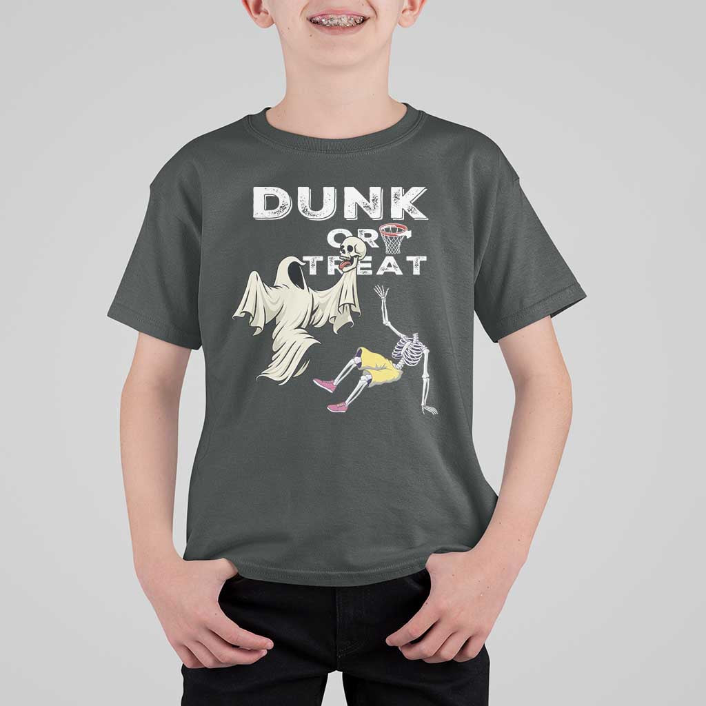 Halloween Dunk Or Treat T Shirt For Kid Funny Skeleton And Ghost Playing Basketball - Wonder Print Shop