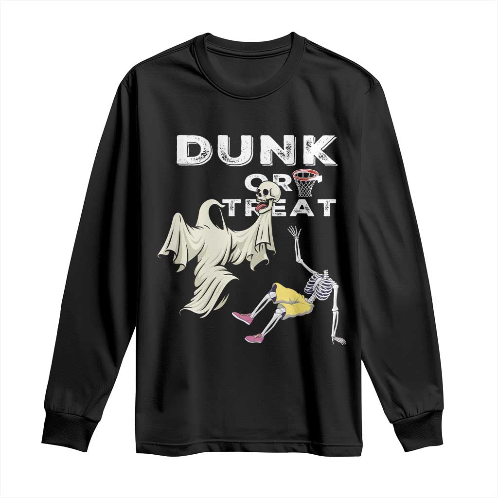 Halloween Dunk Or Treat Long Sleeve Shirt Funny Skeleton And Ghost Playing Basketball - Wonder Print Shop