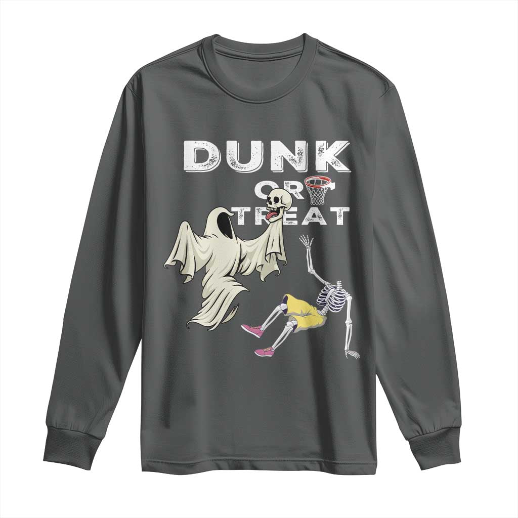 Halloween Dunk Or Treat Long Sleeve Shirt Funny Skeleton And Ghost Playing Basketball - Wonder Print Shop