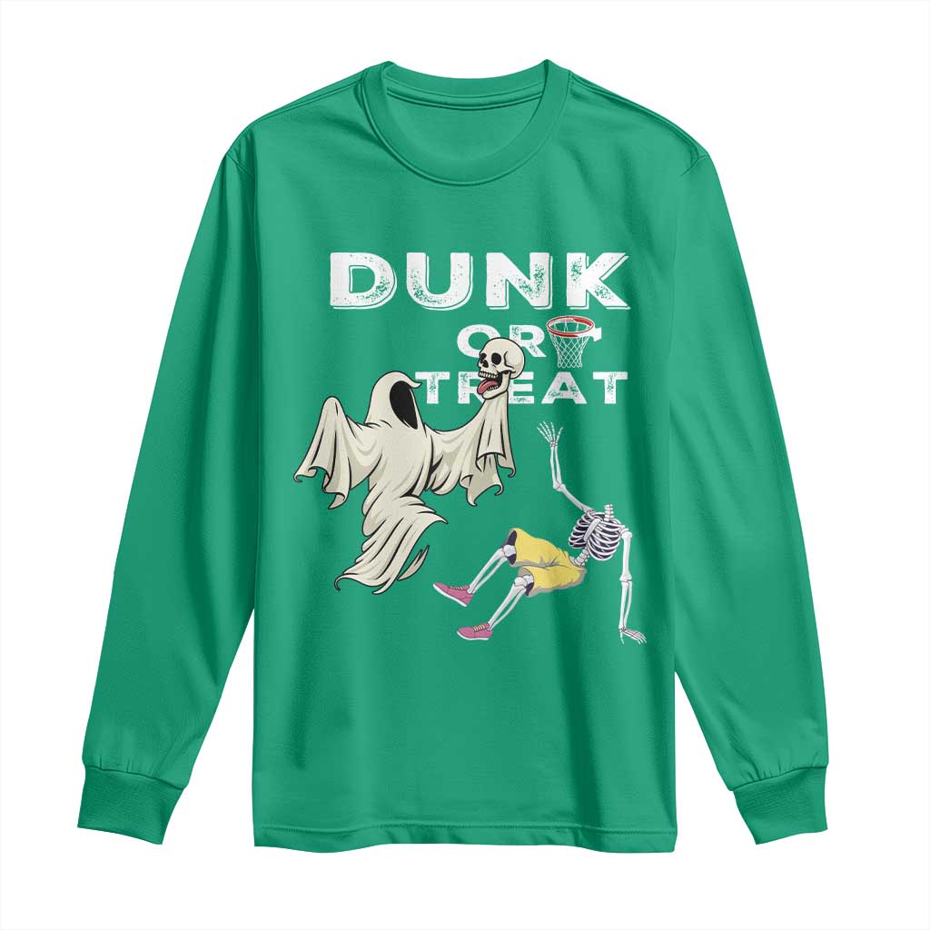Halloween Dunk Or Treat Long Sleeve Shirt Funny Skeleton And Ghost Playing Basketball - Wonder Print Shop
