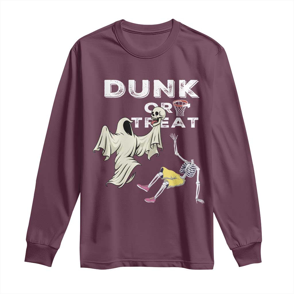 Halloween Dunk Or Treat Long Sleeve Shirt Funny Skeleton And Ghost Playing Basketball - Wonder Print Shop