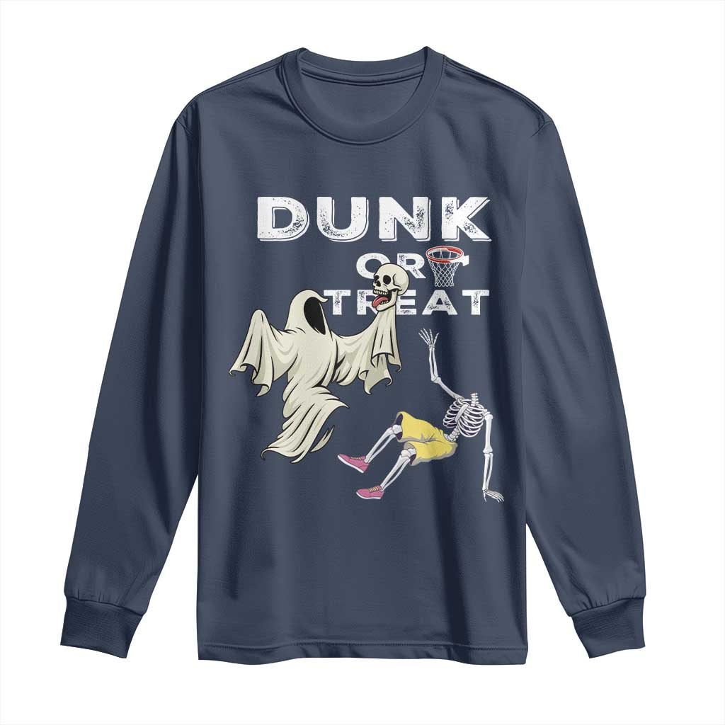 Halloween Dunk Or Treat Long Sleeve Shirt Funny Skeleton And Ghost Playing Basketball - Wonder Print Shop