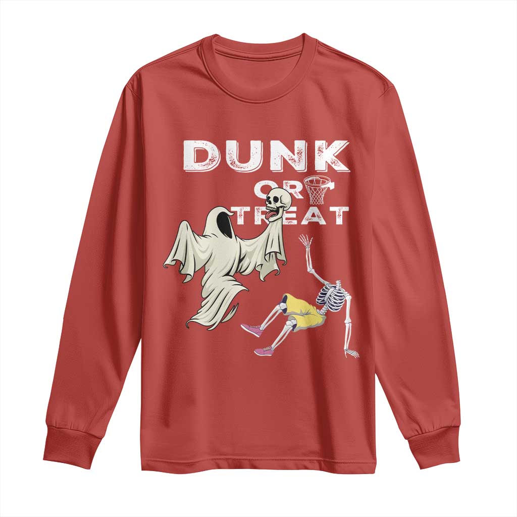 Halloween Dunk Or Treat Long Sleeve Shirt Funny Skeleton And Ghost Playing Basketball - Wonder Print Shop
