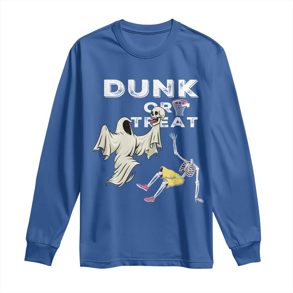 Halloween Dunk Or Treat Long Sleeve Shirt Funny Skeleton And Ghost Playing Basketball - Wonder Print Shop
