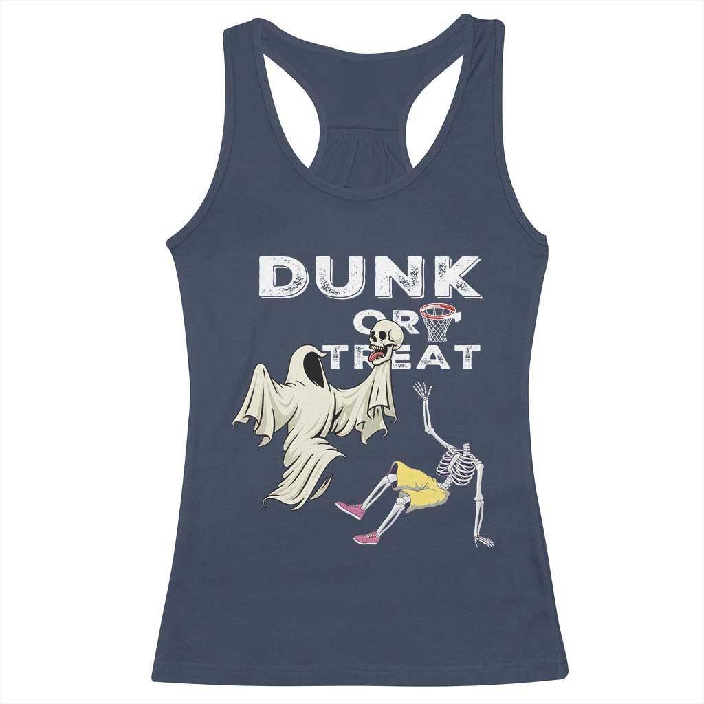 Halloween Dunk Or Treat Racerback Tank Top Funny Skeleton And Ghost Playing Basketball - Wonder Print Shop