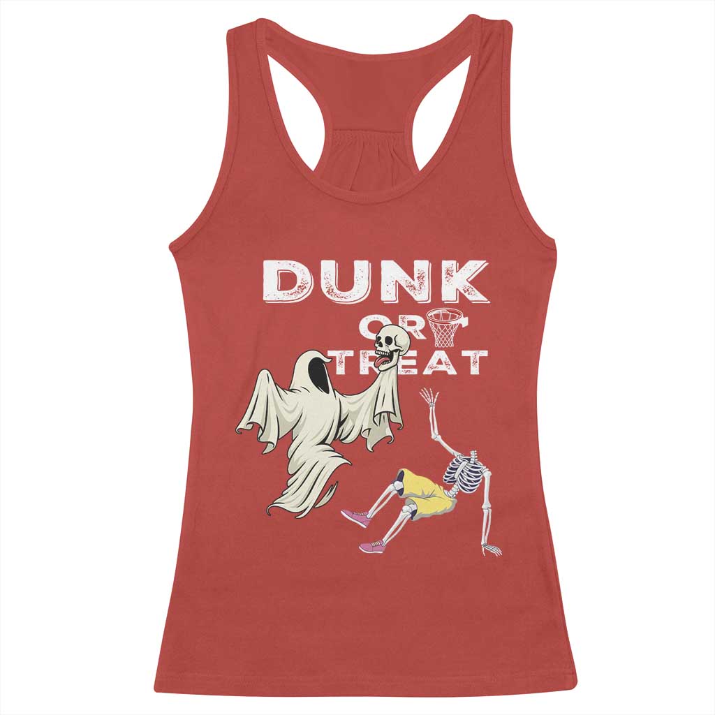 Halloween Dunk Or Treat Racerback Tank Top Funny Skeleton And Ghost Playing Basketball - Wonder Print Shop